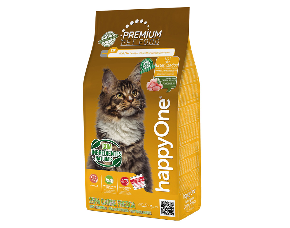 HappyOne Premium Gato Esteriliz Carne Fresca Ração Seca 1,5 kg