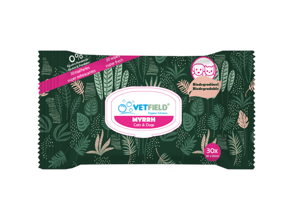 Vetfield Bio 30 Wet Wipes — Myrrh para Cão e Gato