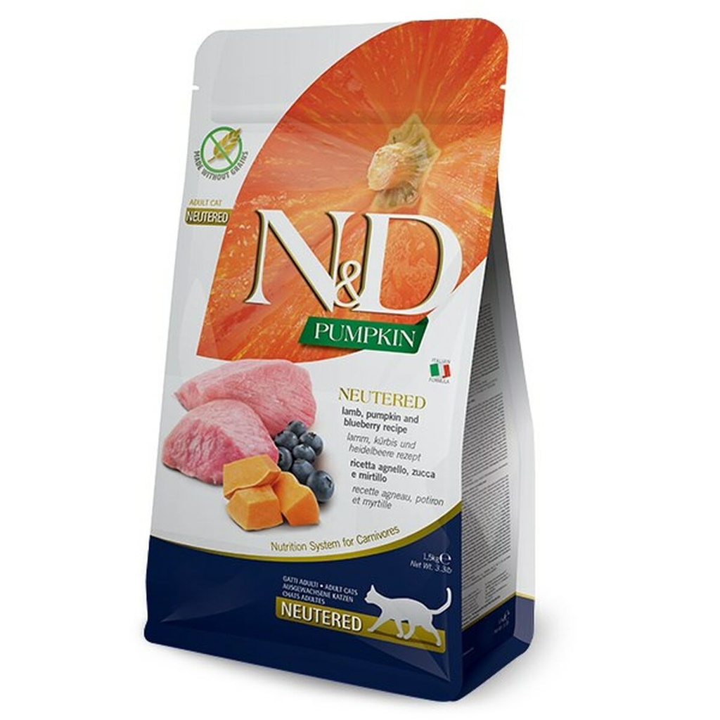 N&D Pumpkin Cat Lamb & Blueberry Adult Neutered Ração Seca para Gato 300 g