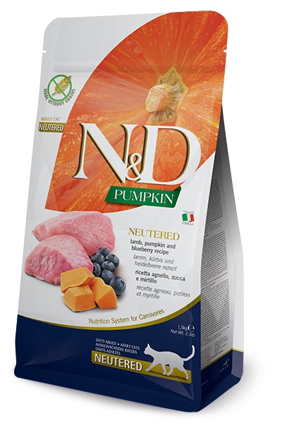 N&D Pumpkin Cat Neutered Lamb, Pumk&Blueberry Adult Ração Seca para Gato 1,5 kg