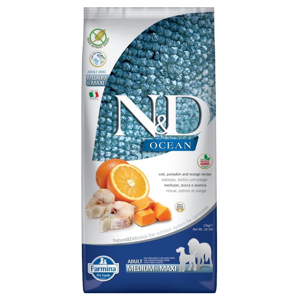 Farmina N&D Ocean Medium/Maxi - Ração seca para cão adulto médio e grande - Bacalhau, abóbora e laranja 12 kg