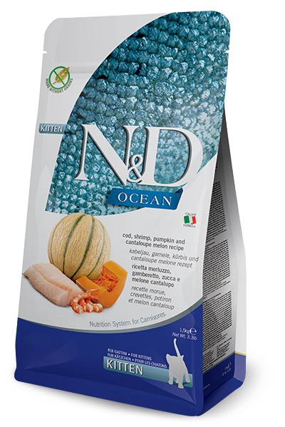 N&D Ocean Cat Cod, Shrimp, Pumpkin&Cant Melon Kitten Ração Seca para Gato 1,5 kg