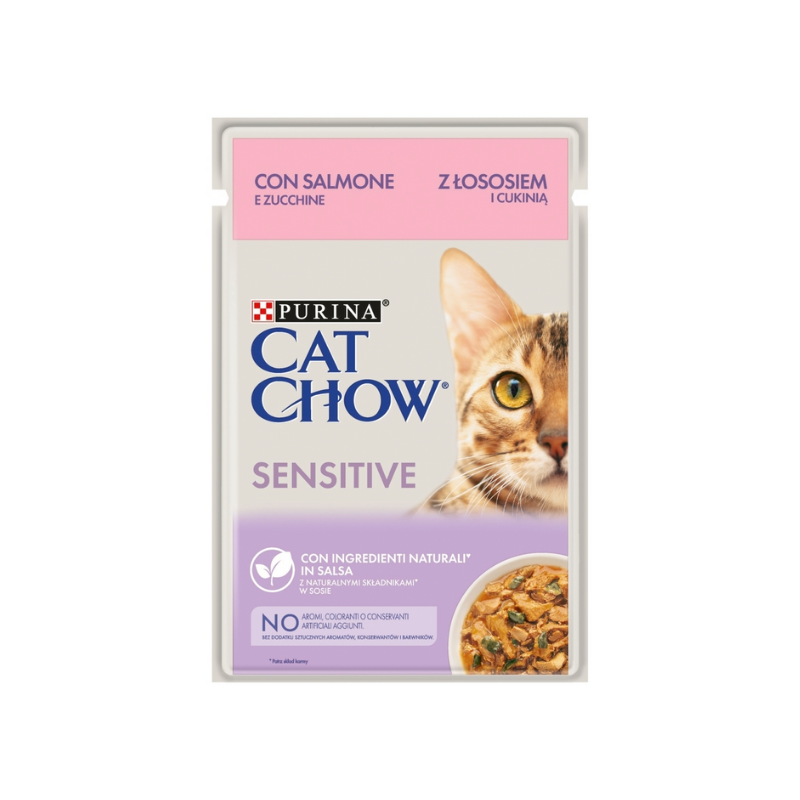 Purina Cat Chow Sensitive Gato Adulto Salmão e Curgete em Molho Alimento Húmido 85 g