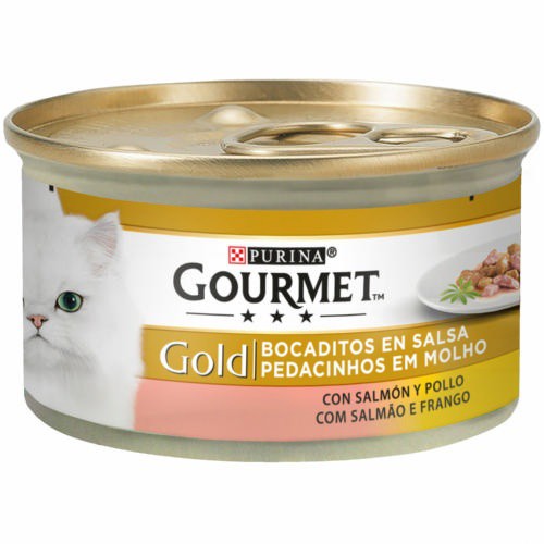 Gourmet Gold Pedacinhos em Molho Salmão&Frango Húmido (SingleServe) Alimento Húmido para Gato 85 g