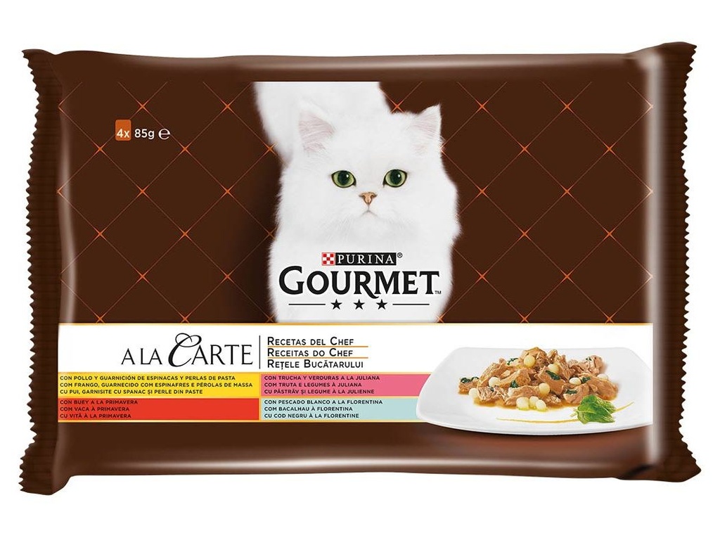 Gourmet a La Carte Frango/Truta/Vaca/Bacalhau Húmido (SingleServe) Alimento Húmido para Gato 4 × 85 g