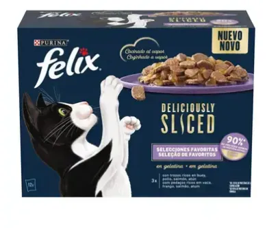 Felix Deliciously Sliced Gato Adulto Seleção de Favoritos em Gelatina 12 x 80 g