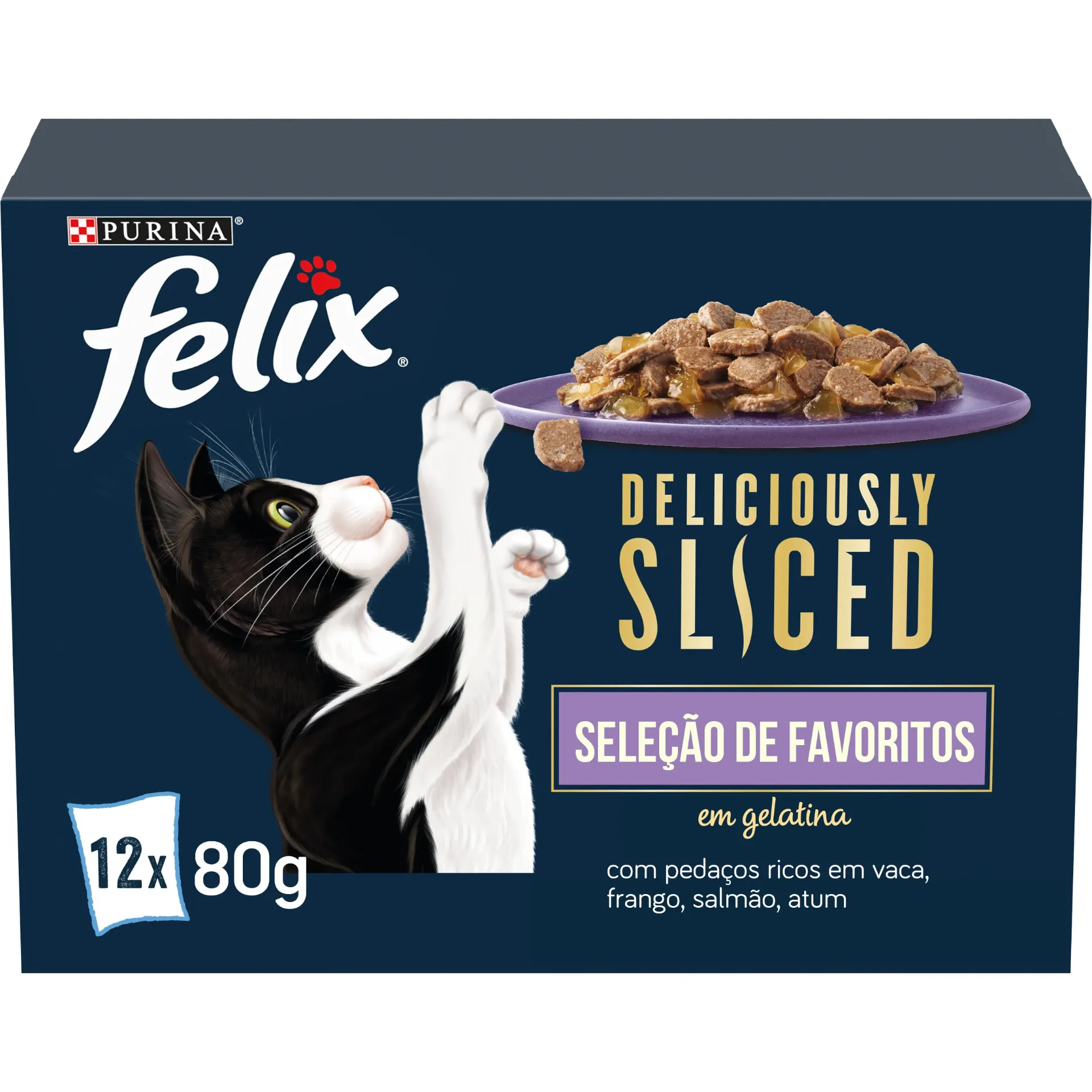 [12530970] Felix Deliciously Sliced Gato Adulto Seleção de Favoritos em Gelatina 12 x 80 g