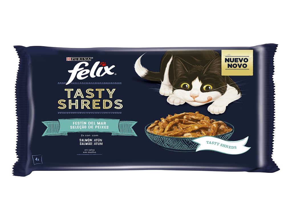 Felix Tasty Shreds Seleção de Peixes Atum e Salmão Húmido (SingleServe) Alimento Húmido para Gato 4 × 80 g