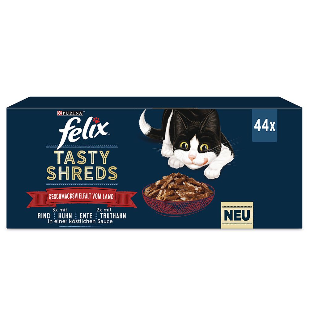 Felix Tasty Shreds Seleção de Carnes Vaca, Frango, Pato, Peru Húmido (SingleServe) 1 Alimento Húmido para Cão 44 × 80 g