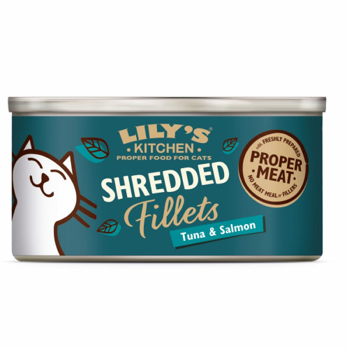 Lilyskitchen Shred Fillets Atum e Salmão Húmido (SingleServe) Alimento Húmido para Gato 70 g