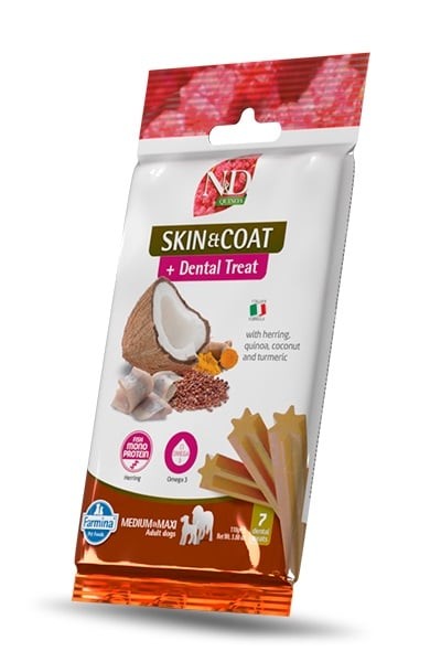 N&D Quinoa Dog Skin Coat Herr Bisc Med/Maxi Dent Treat Snack para Cão