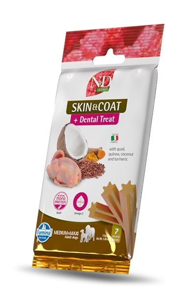 N&D Quinoa Dog Skin Coat Quail Bisc Med/Maxi Dent Treat Snack para Cão
