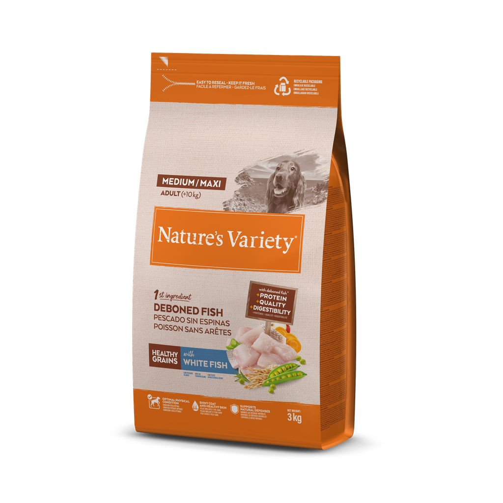 Nature's Variety Dog Grain Med Adult White Fish Ração Seca para Cão 3 kg