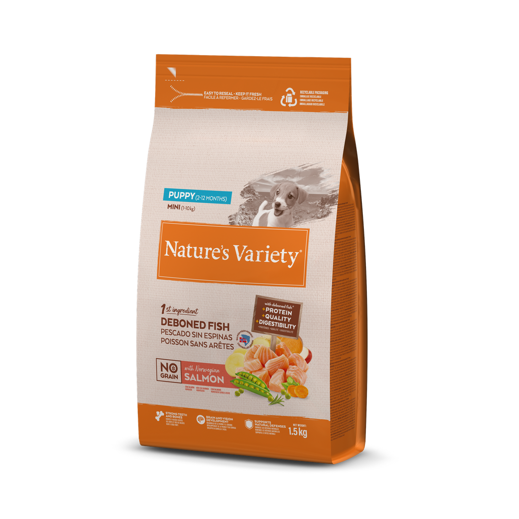 Nature's Variety Dog No Grain Mini Puppy Salmon Nor Ração Seca para Cão 1,5 kg