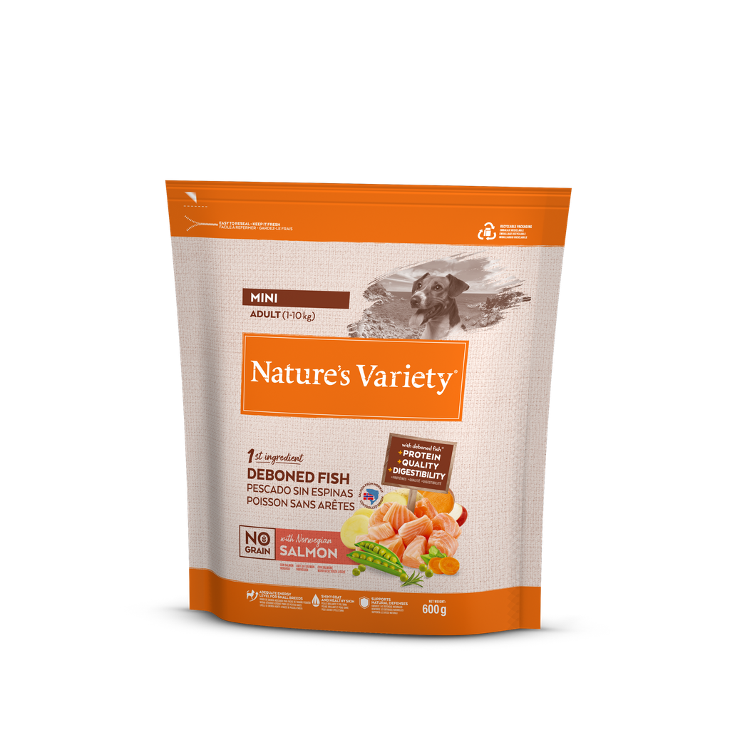 Nature's Variety Dog No Grain Mini Adult Salmon Nor Ração Seca para Cão 600 g