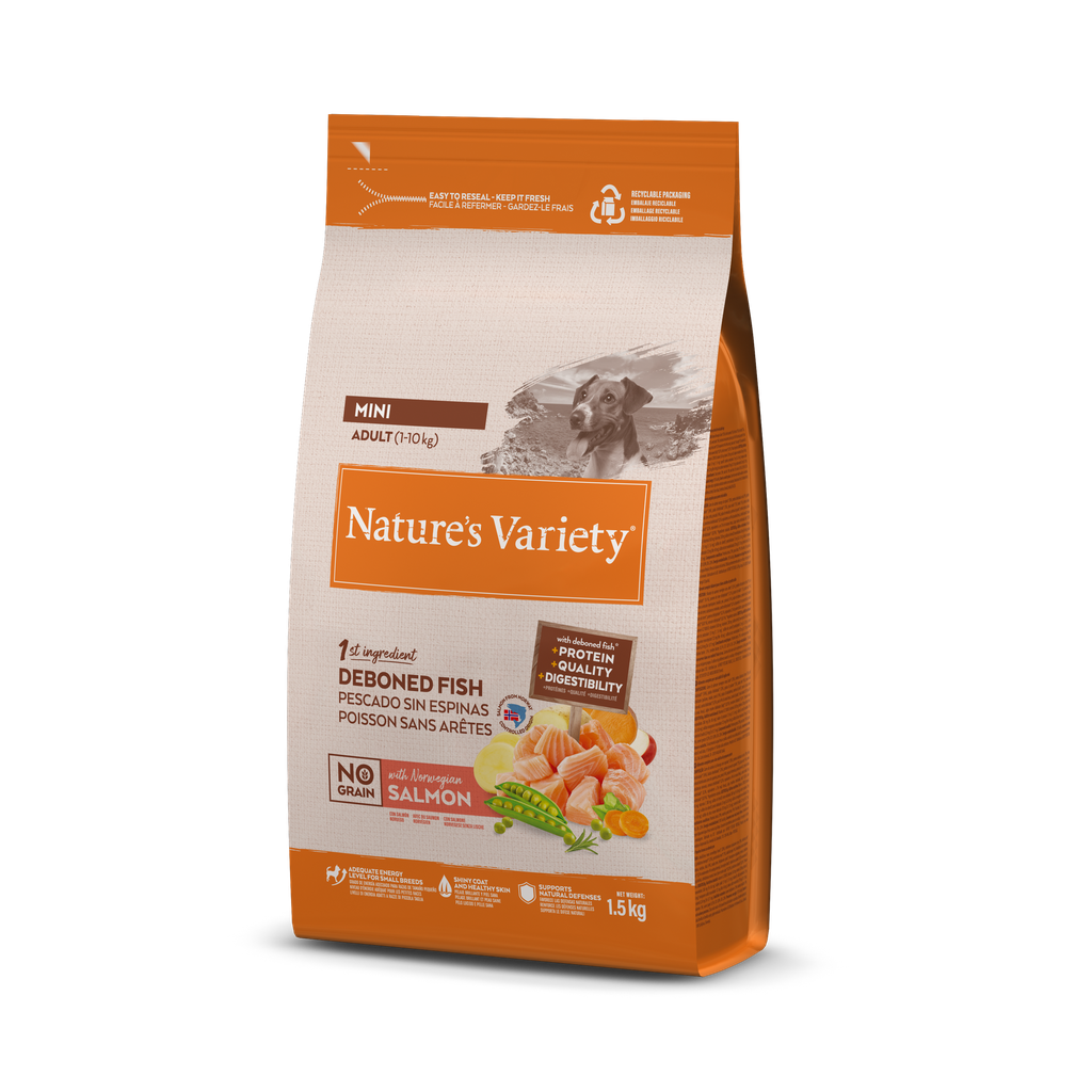 Nature's Variety Dog No Grain Mini Adult Salmon Nor Ração Seca para Cão 1,5 kg