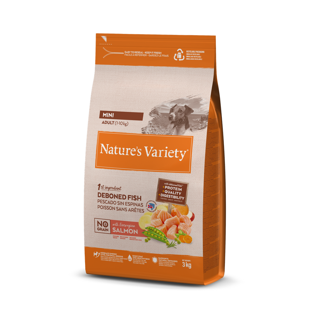 Nature's Variety Dog No Grain Mini Adult Salmon Nor Ração Seca para Cão 3 kg