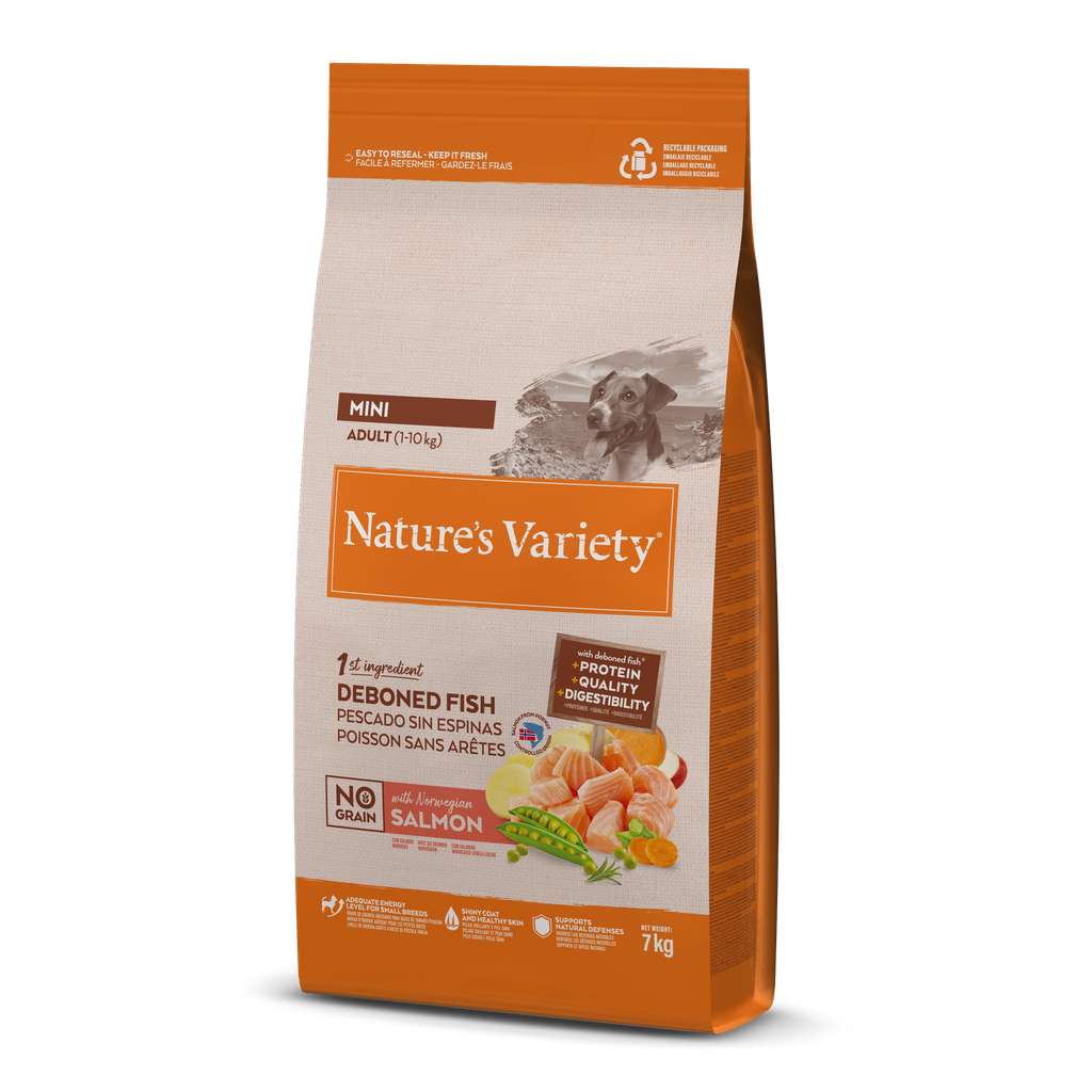 Nature's Variety Dog No Grain Mini Adult Salmon Nor Ração Seca para Cão 7 kg