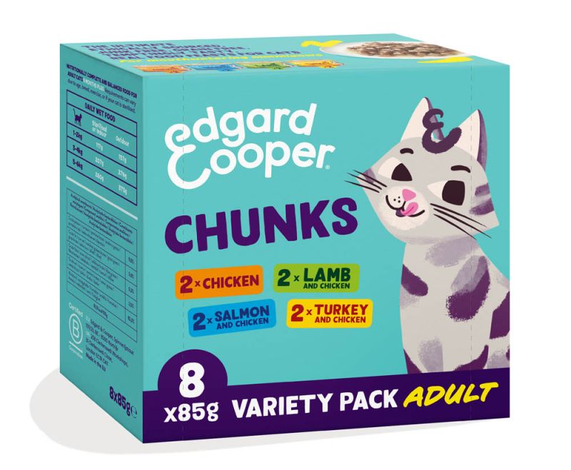 Edgard & Cooper Adult Multipack Chunks Frango, Salmão, Peru e Borrego Alimento Húmido para Gato 8 × 85 g