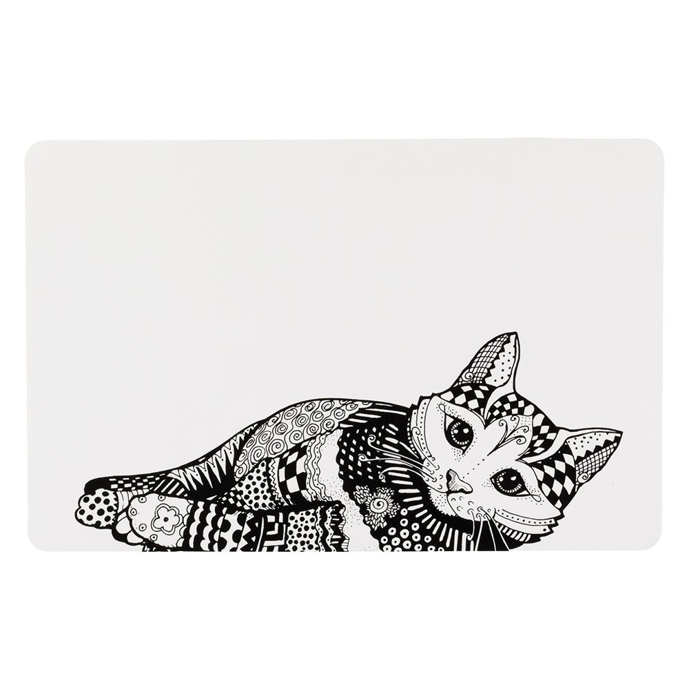Tapete "Zentangle" para Gamela de Gatos (Branco/Preto) Comedouro ou Bebedouro 44 × 28 cm