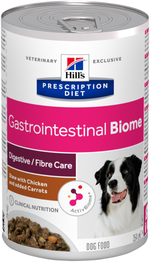 Hill's Prescription Diet Gastrointestinal Biome Cuidado Digestivo guisado em lata para cão com Frango e cenouras — Lata de Alimento Dietético Húmido 354 g