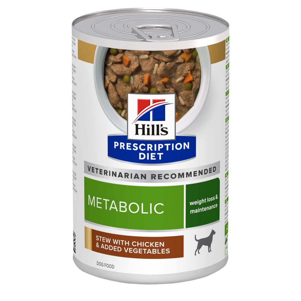 Hill's Prescription Diet Metabolic Controlo de Peso guisado para cães com Frango e vegetais adicionados — Lata de Alimento Dietético Húmido para Cão 354 g