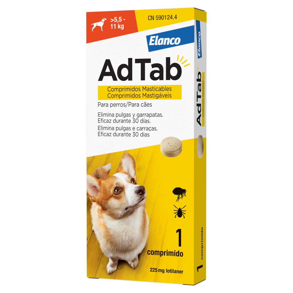 AdTab Comprimido Mastigável Antiparasitário para Cão 5,5–11 kg — 225 mg, 1 comprimido