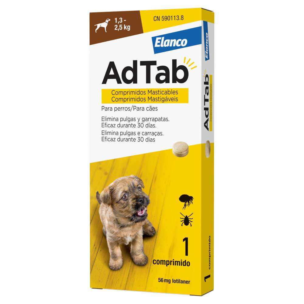 AdTab Comprimido Mastigável Antiparasitário para Cão 1,3–2,5 kg — 56,25 mg, 1 comprimido