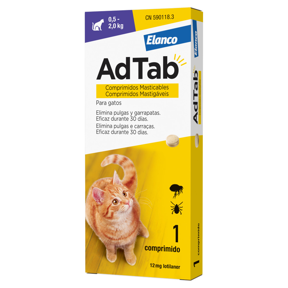 AdTab Comprimido Mastigável Antiparasitário para Gato 0,5–2 kg — 12 mg, 1 comprimido