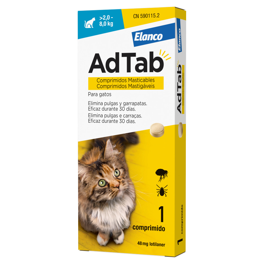 AdTab Comprimido Mastigável Antiparasitário para Gato 2–8 kg — 48 mg, 1 comprimido