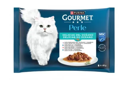 Gato Húmido Gourmet Perle Msc Pedaços Desfiados do Oceano Alimento Húmido 4 × 85 g