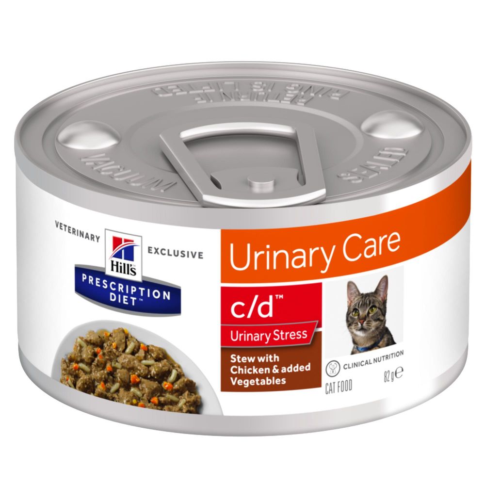 Hill's Prescription Diet com d Multicare Stress Cuidado Urinário guisado para gatos com Frango e vegetais adicionados — Lata de Alimento Dietético Húmido 82 g