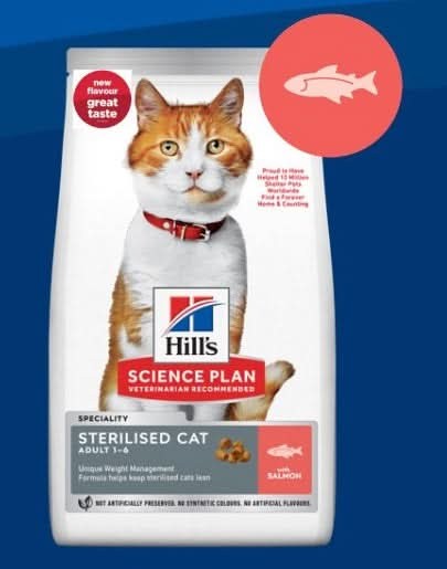 Hill's Science Plan Sterilised Cat alimento seco para gato adulto com salmão 300 g Embalagem