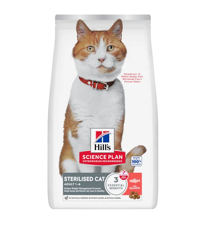 Hill's Science Plan Sterilised Cat alimento seco para gato adulto com salmão Embalagem 300 g