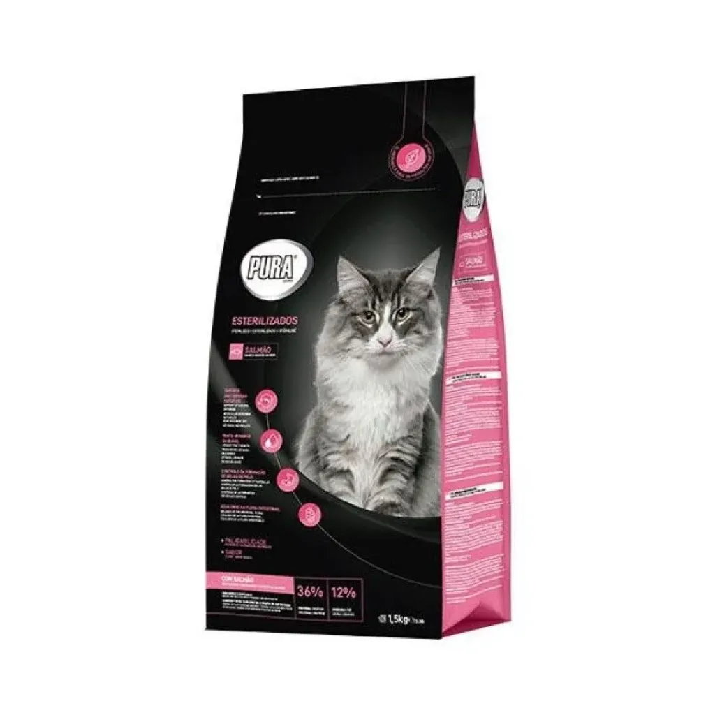Pura Alimento Gato Esterilizado Salmão Ração Seca 1,5 kg